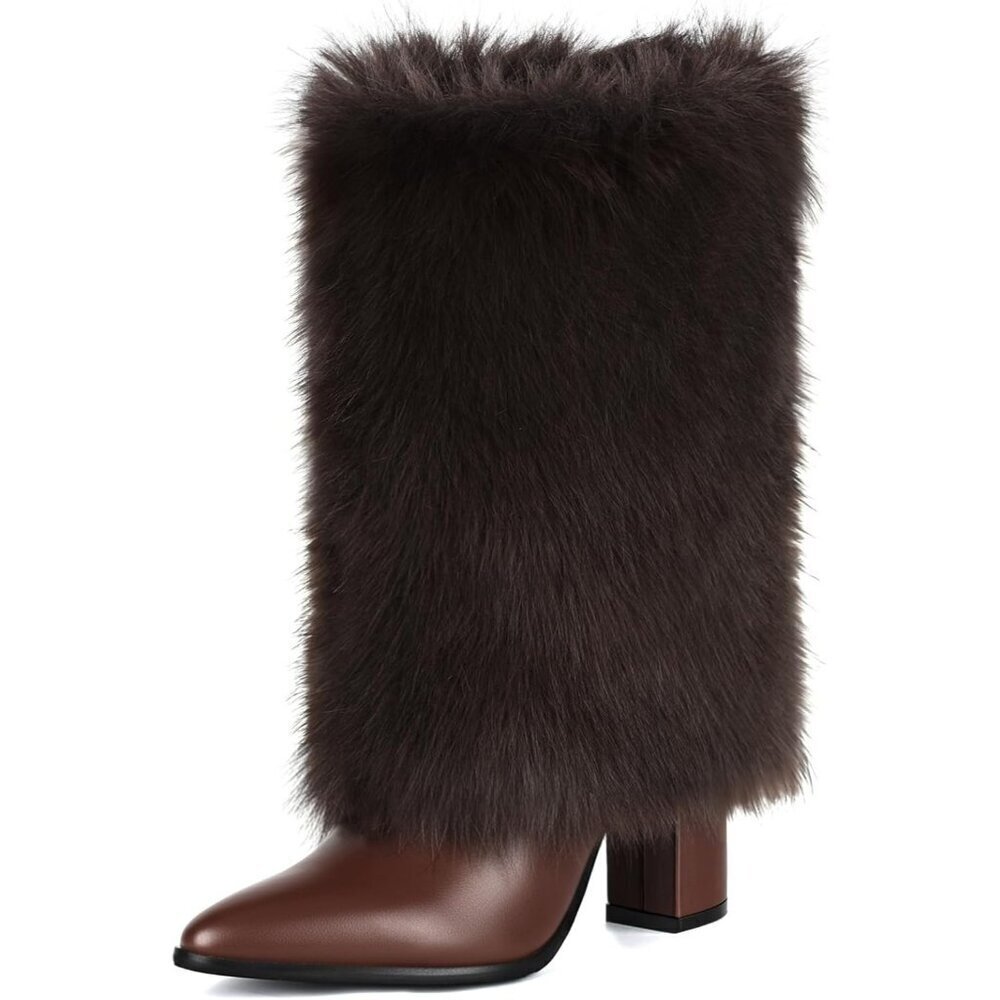 Womens 3.3 Inch Brown Chunky Mid Calf Fur Heel Fuzzy Pointed Toe Boots